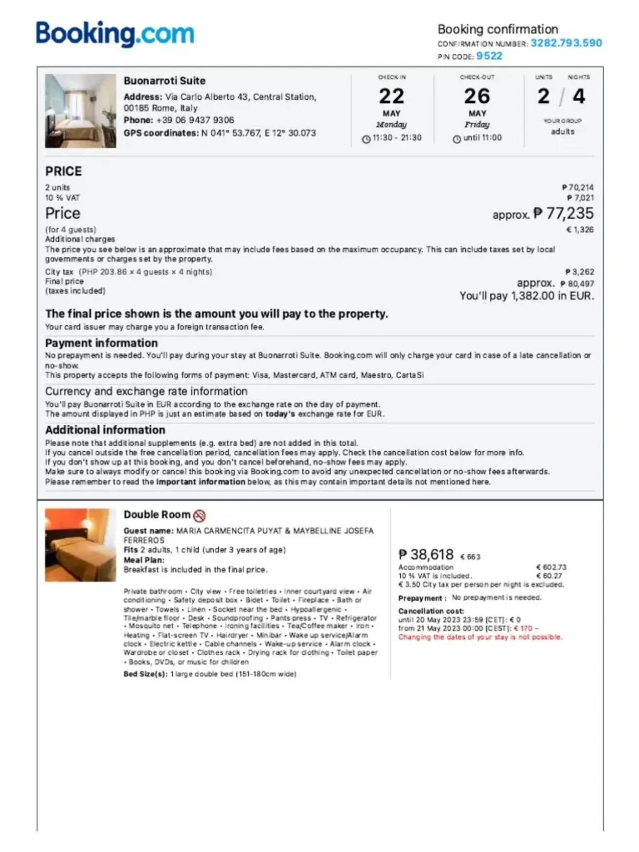 Hotel or Accommodation Reservation